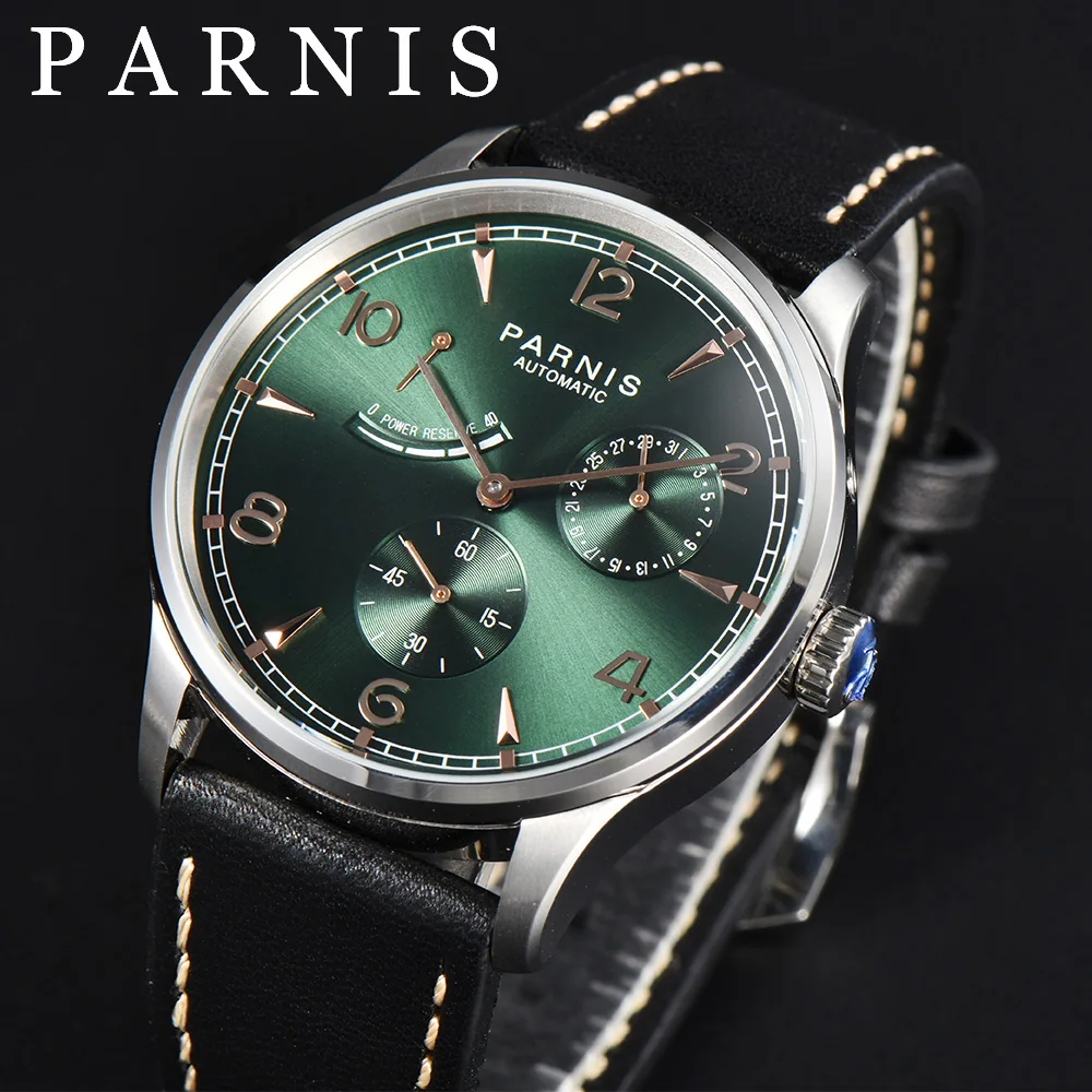 

Parnis 41.5mm Automatic Movement Power Reserve Men's Boys Guy Casual Wristwatch Leather