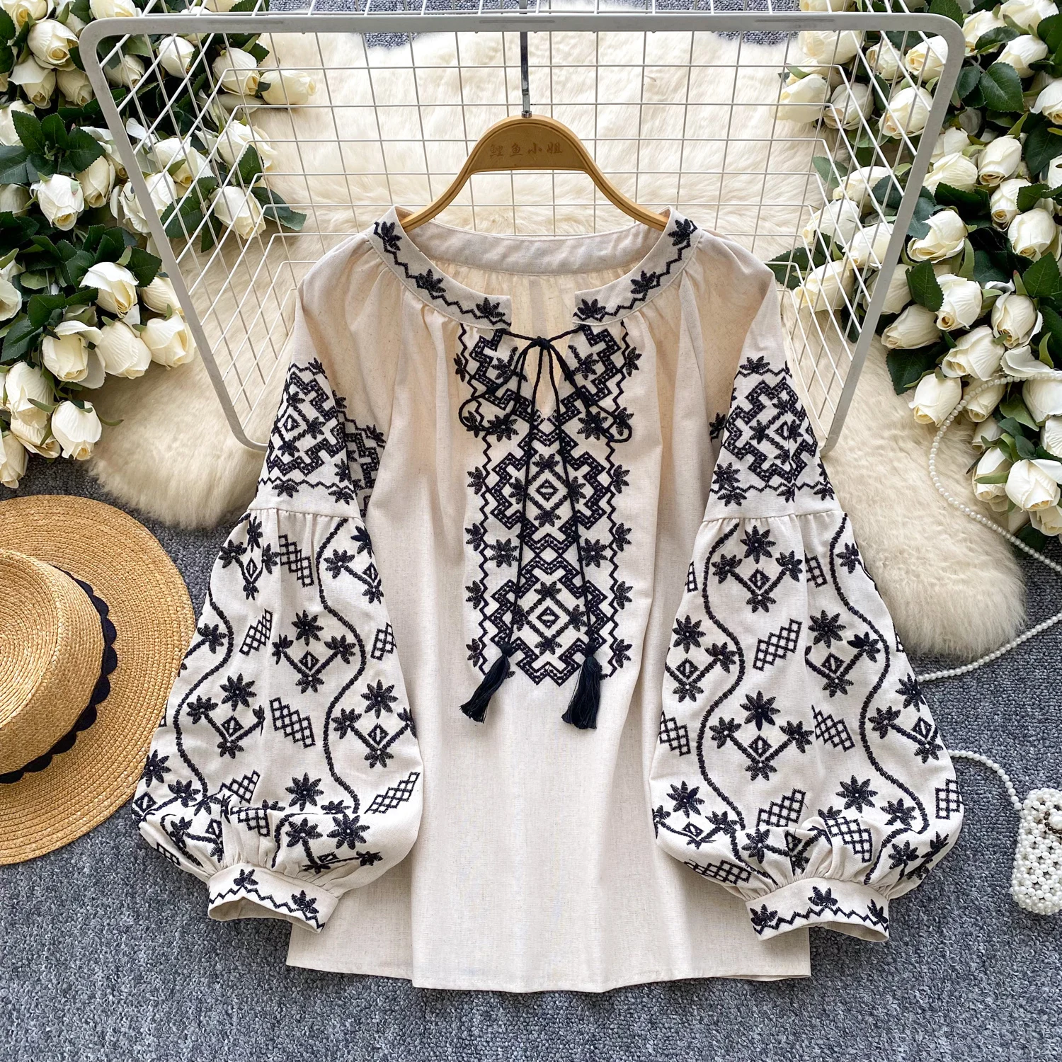 

chic vintage Long Sleeve print O-neck loose korean fashion blouse Female bohemian autumn women clothing