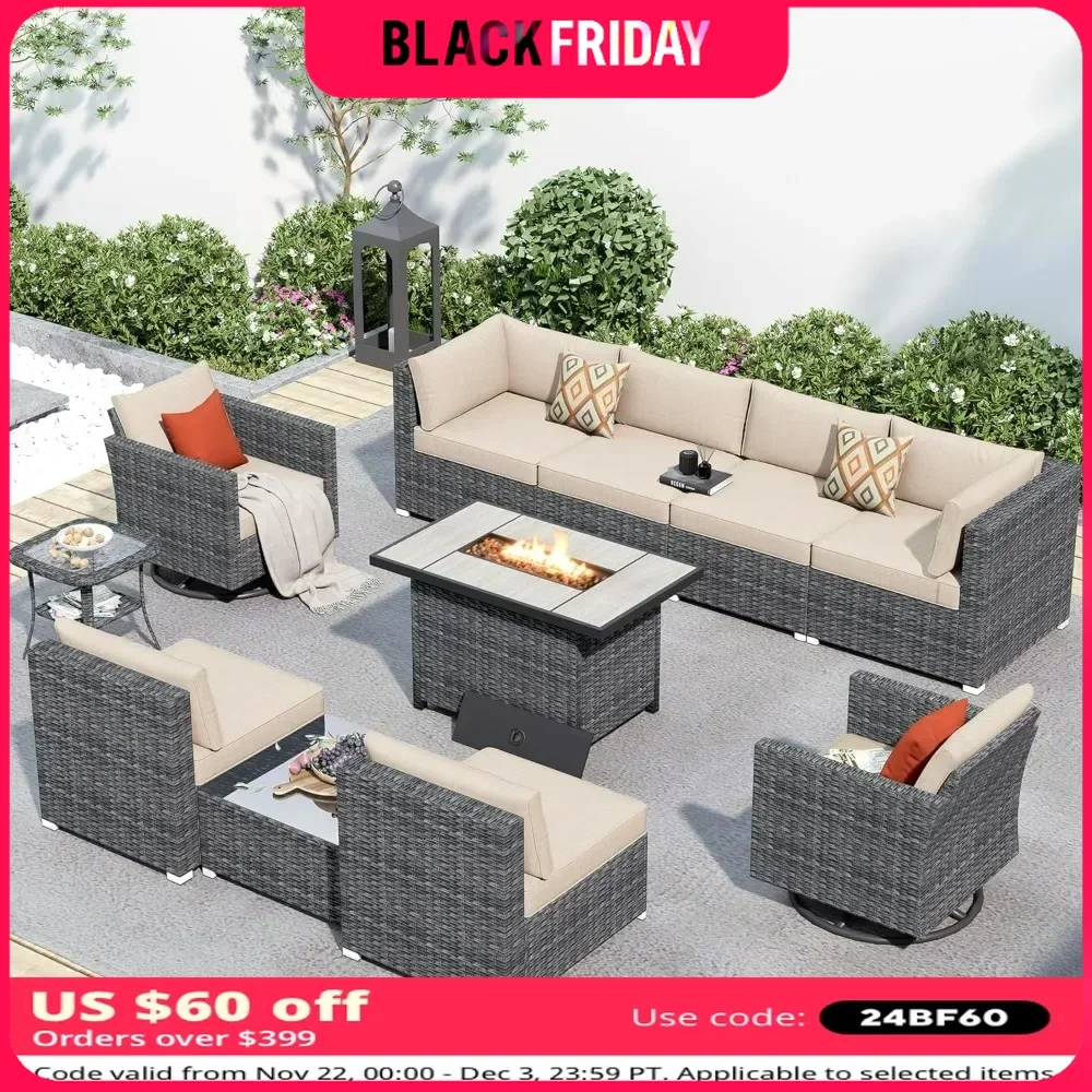 11 Piece Patio Sectional Furniture Set with Fire Pit Table, Resistant Modular L Shaped Outside Couch Swivel Chair Set(Beige)