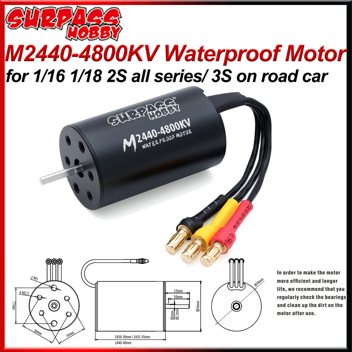 SURPASS HOBBY M2440 Brushless Waterproof Motor 3200KV 4300KV 4800KV for RC 1/16 1/18 SG-1603 1604‌ 2S All Series/ 3S on Road Car