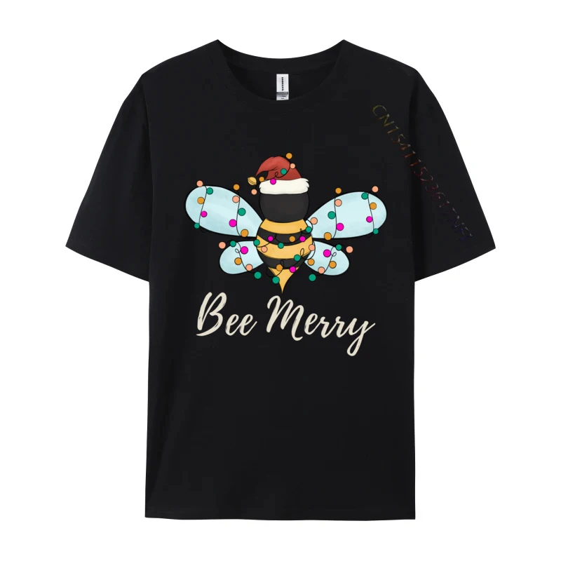 Bee Merry Christmas Bee Wears Santa Hat Xmas Lights T-Shirts Vintage T-Shirt Cotton Soft Graphic Print Tees For Male