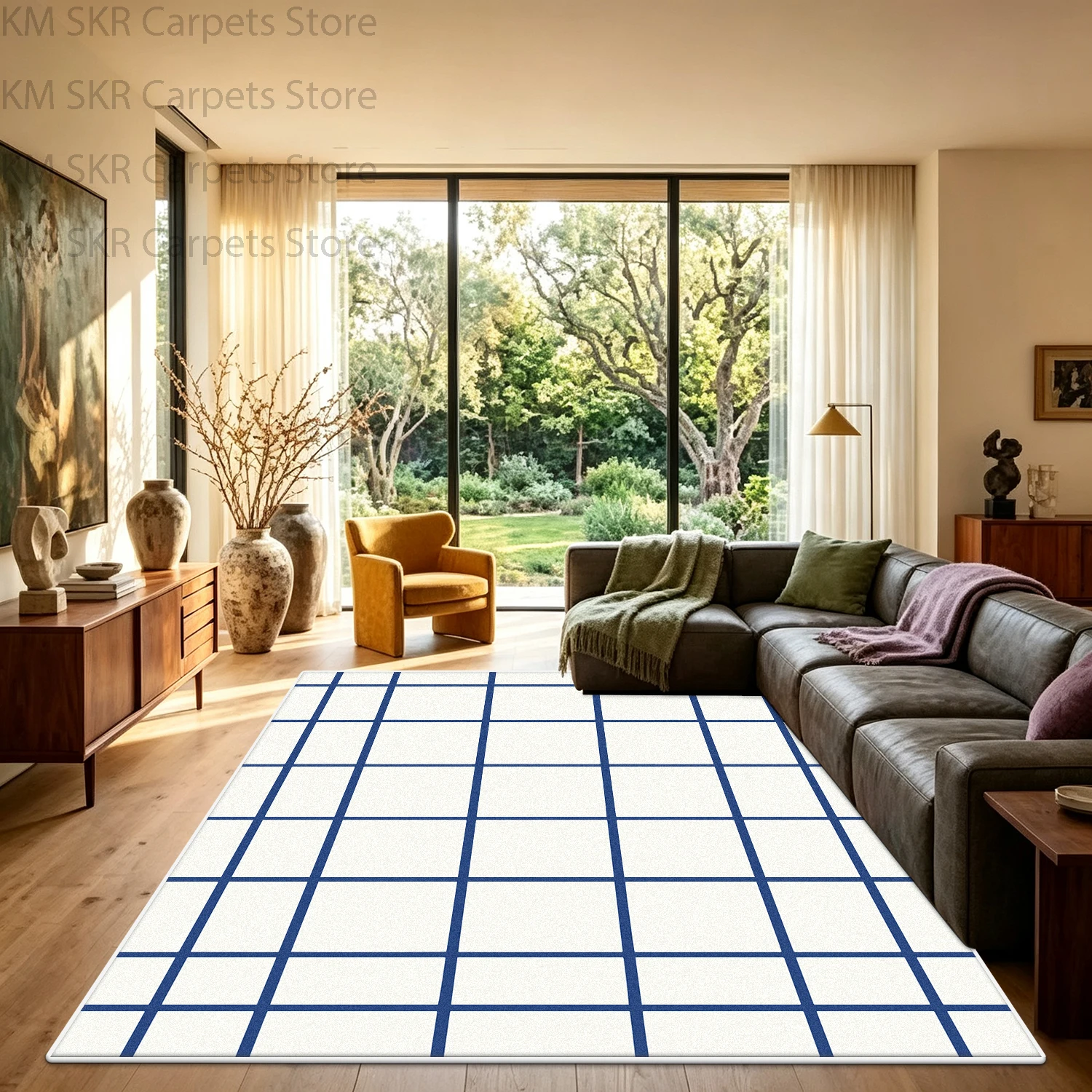 INS Korean Grid Style Living Room Sofa Carpets High-end Antiskid Washable Bedroom Bedside Mat Soft Fluffy Study Decoration Rug