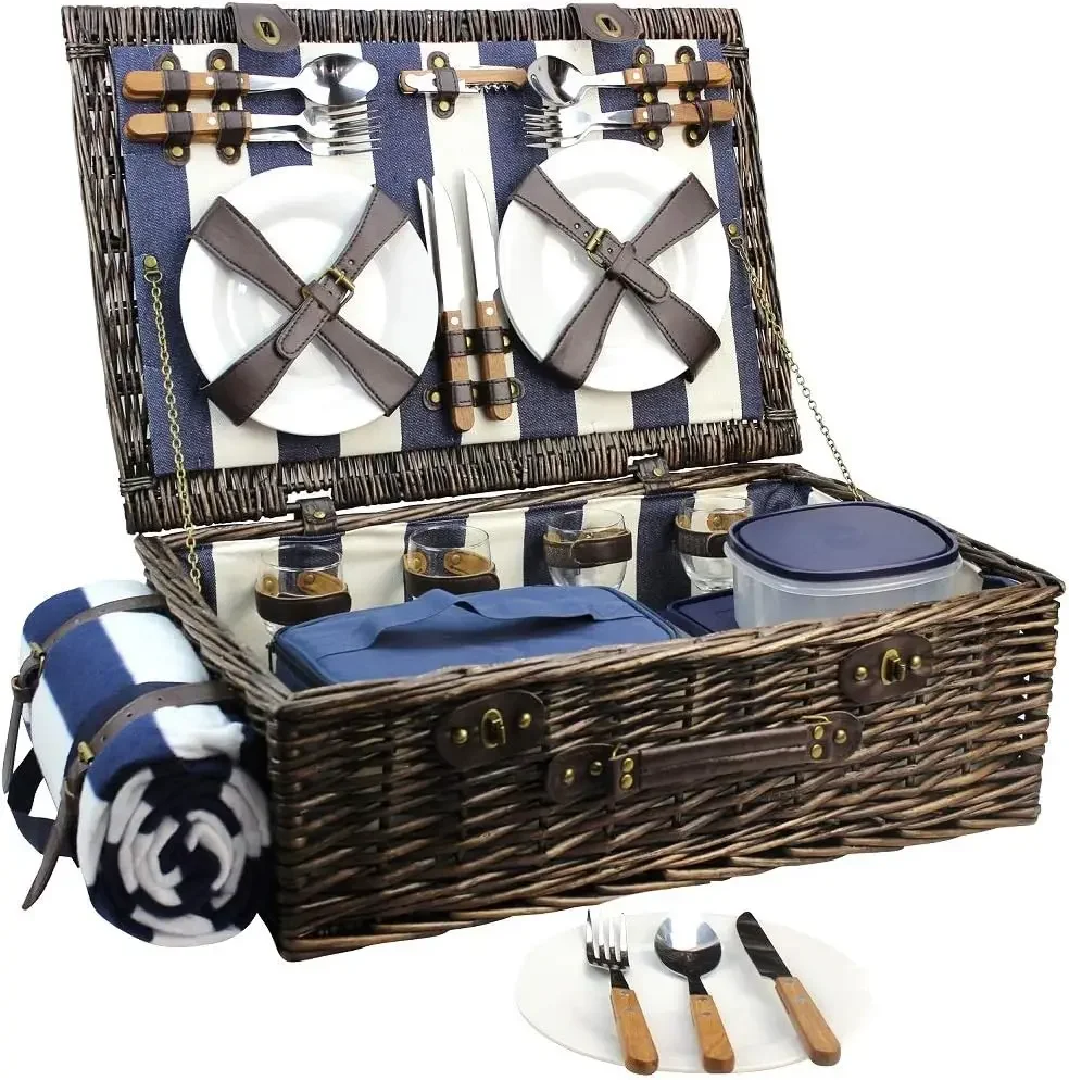 

Extra Large Willow Picnic Basket with Service Set for 4 Persons, Natural Wicker Picnic Hamper with Free Food Cooler, Fleece