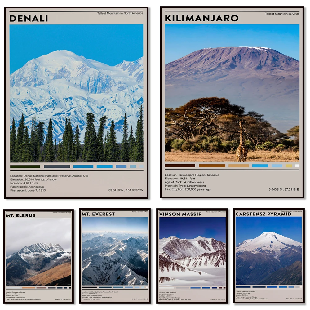 Mt. Everest -Mt. Elbrus -Kilimanjaro -Vinson Massif - Aconcagua - The Seven Summits Print, Minimalist Travel Poster, Home Decor