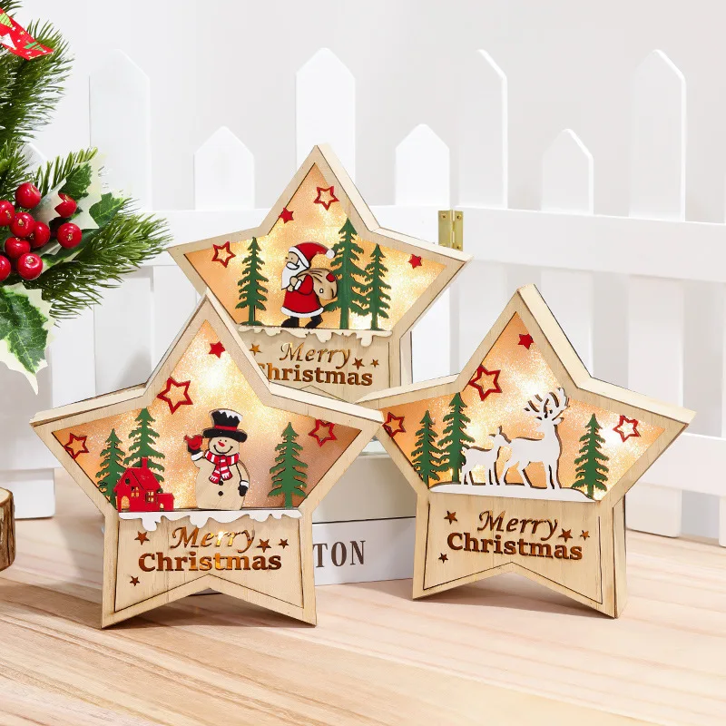 

1pcs Christmas Glowing Wooden Five- Pointed Star Shape Ornaments Christmas Snowman Ornaments Shopping Mall Window Decoration