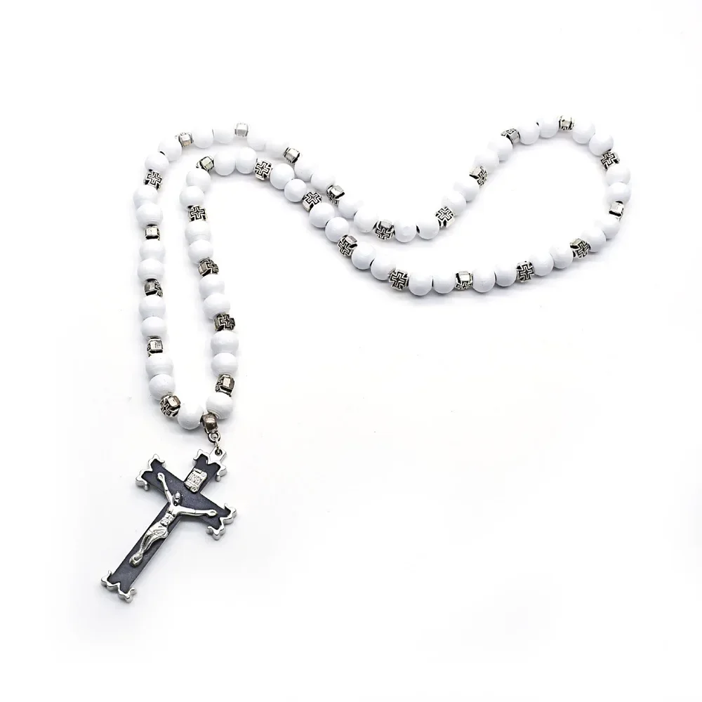 Retro Cross Juses Pendant Prayer Rosary Beaded Necklaces Wooden Beades Chain Necklace for Men Christian Jewelry Accessories