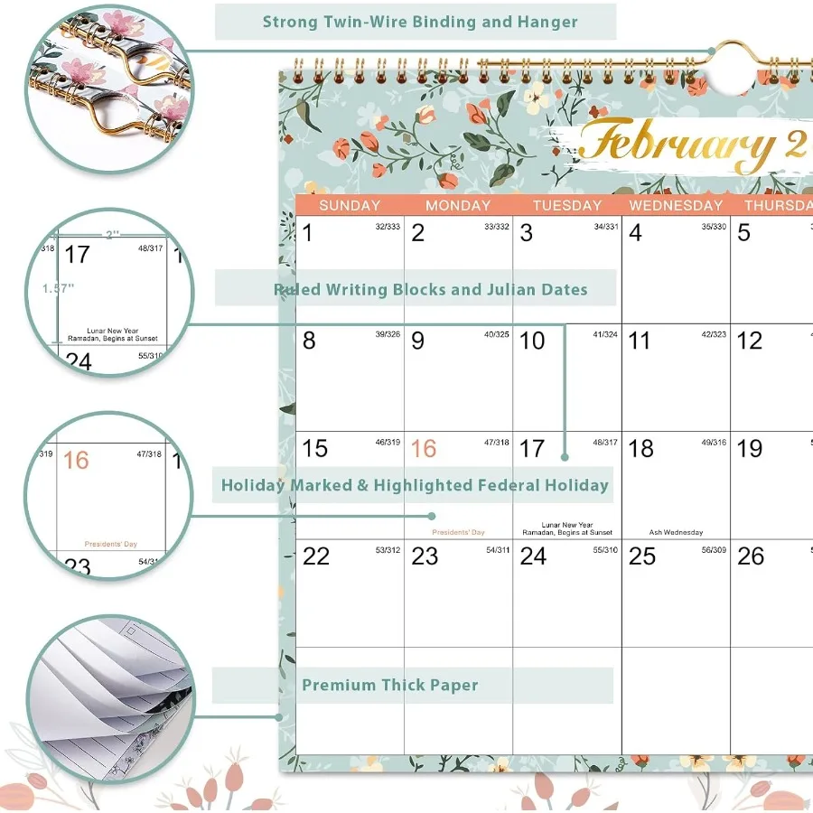 2026 벽걸이 달력 2026년 달력 12개월 1월-12월 월별 플래너 14.8'' x 11.4'' 트윈와이어 바인딩 줄리안 날짜 대형 월간 플래너