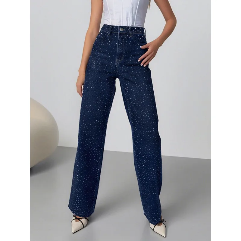 Tinaa Shining Hot-fix Rhinestones Women's Jeans 2025 Vintage Street Straight High Waist Pockets Full-length Denim Pants Woman