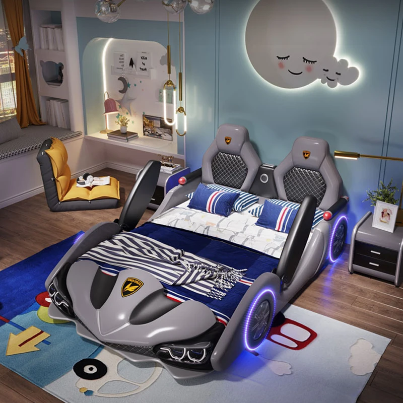 Cama doble de cuero con dibujos animados para niños y niñas, cama individual con barandilla, coche de carreras creativo, venta al por mayor de fábrica