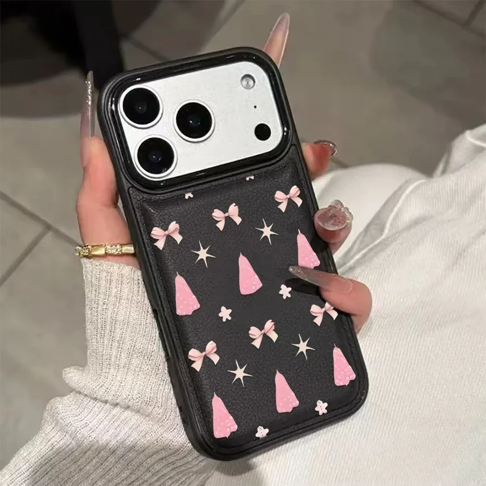Funda de Teléfono Minimalista con Lazo Rosa y Oso Navideño para iPhone 17 Air 16 15 14 13 12 11 Pro Max Plus, Cubierta de Cuero Antipolvo