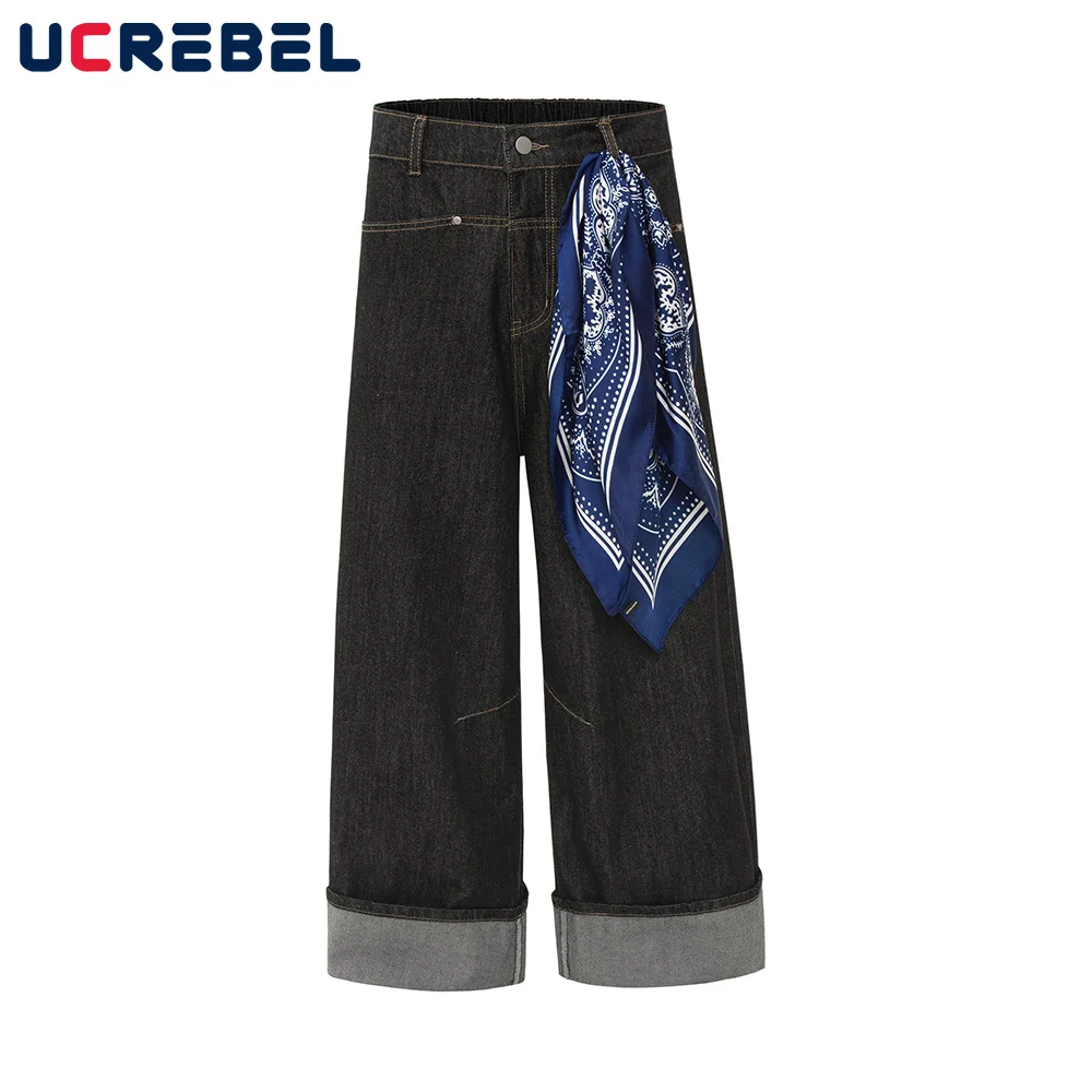 

Темные джинсы в стиле ретро, мужские уличные брюки в стиле хип-хоп, прямые широкие мешковатые джинсовые брюки с эластичной резинкой на талии, мужские