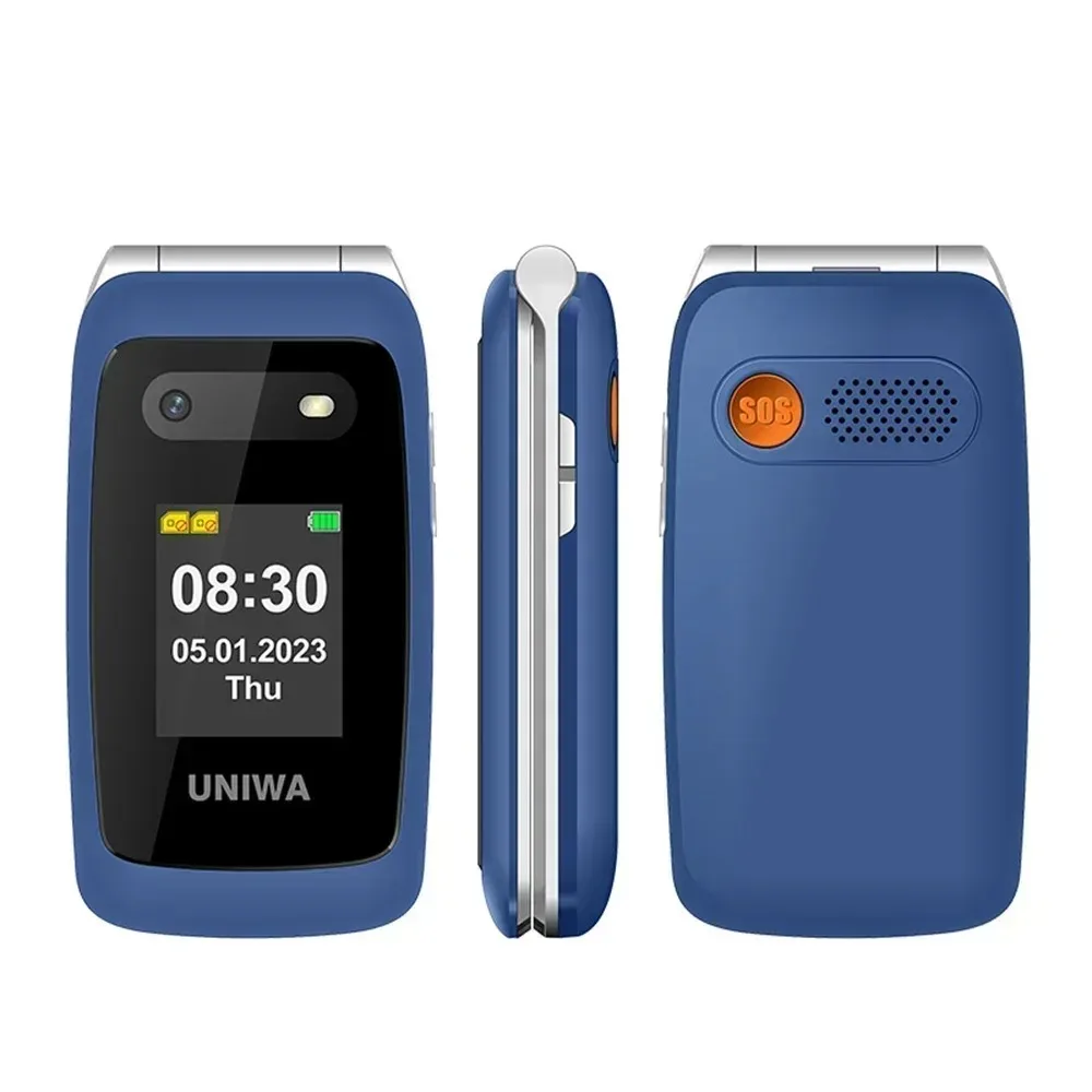 UNIWA V202T 4G Seniorenklaptelefoon met dubbele schermen, grote drukknoppen, 1450mAh batterij en SOS-functie.