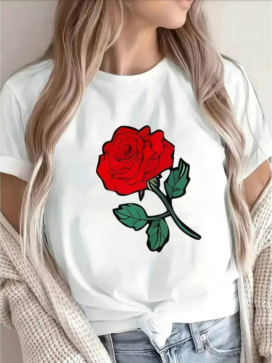 1Pc Women Short Sleeve Graphic Tee White Red Rose Floral Print Crew Neck Knit Fabric Casual Romantic Summer Everyday Wear Basic Top
