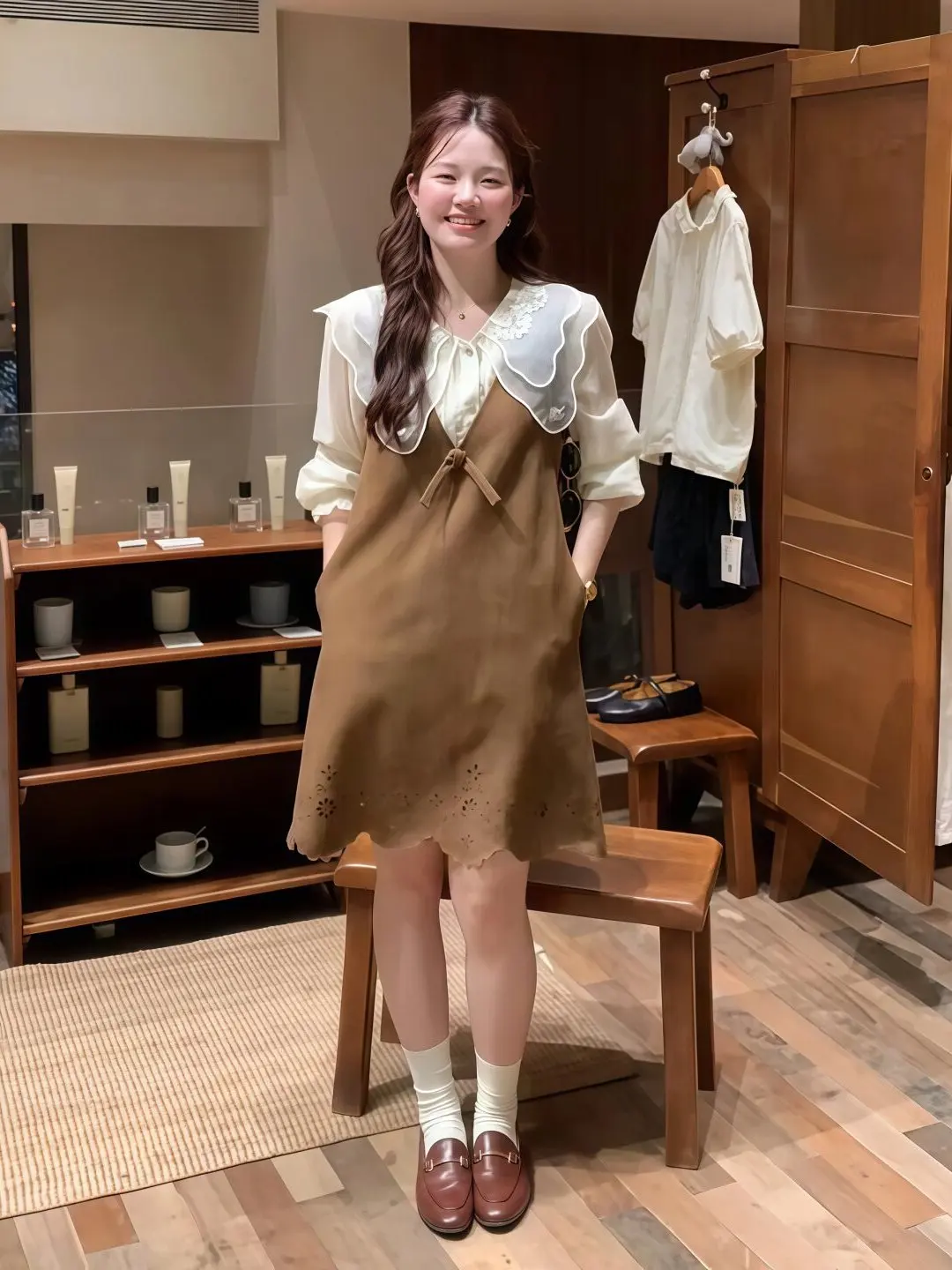 plus Size Women's Lace Shirt And Dress Set with Waist-Cinching Doll Collar Two-Piece Ensemble for Autumn High Waist Design
