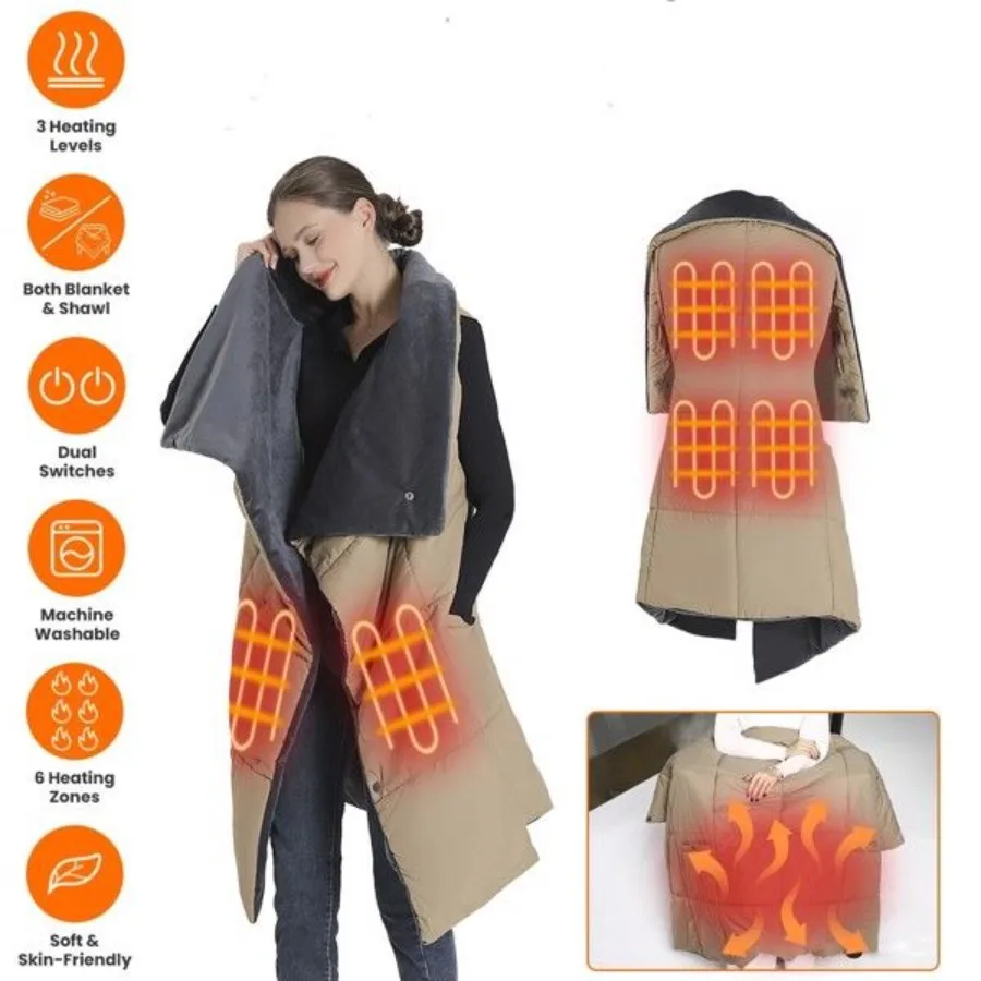

USB Heated Blanket Electric Heated Poncho Shawl Wrap Throw with Zipper Arm Holes Pocket 3 Heating Levels 6 Zones Dual Switch 5V