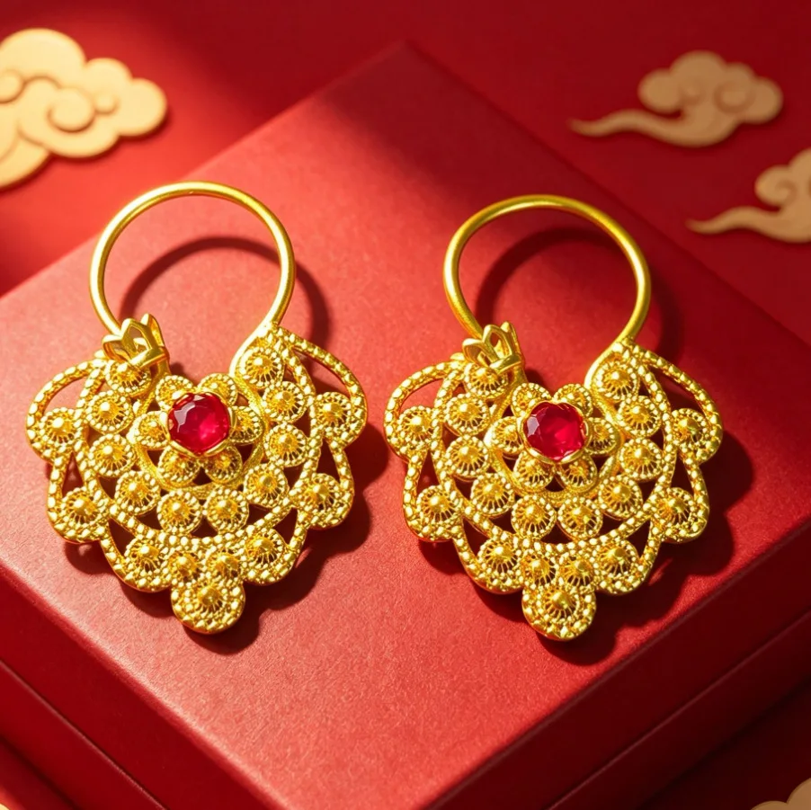Women's diamond cherry blossom earrings adopting AU999 24K gold, versatile jewelry for daily dating match