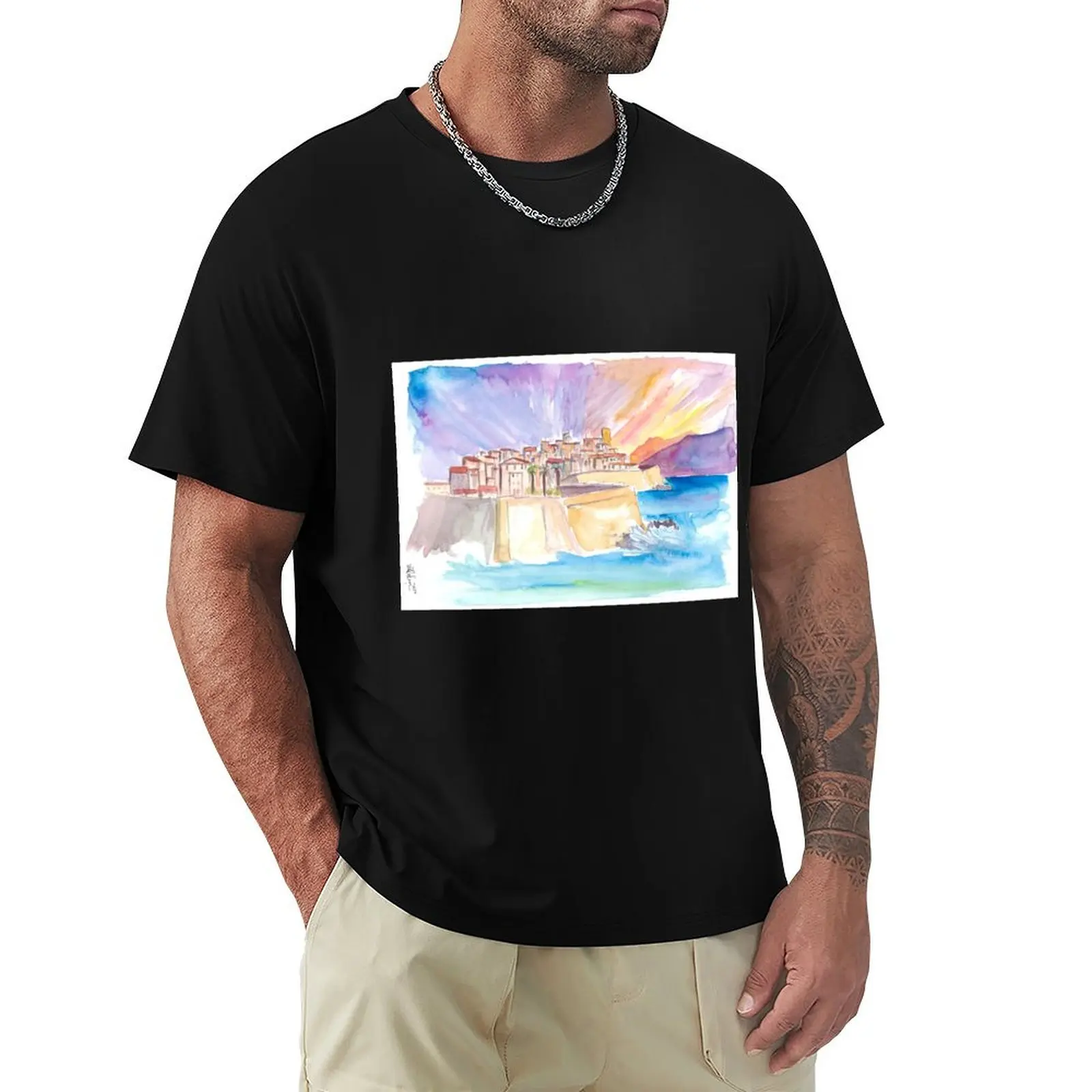 Antibes French Riviera Cityscape in Sunset T-Shirt blacks street wear new edition anime shirts men