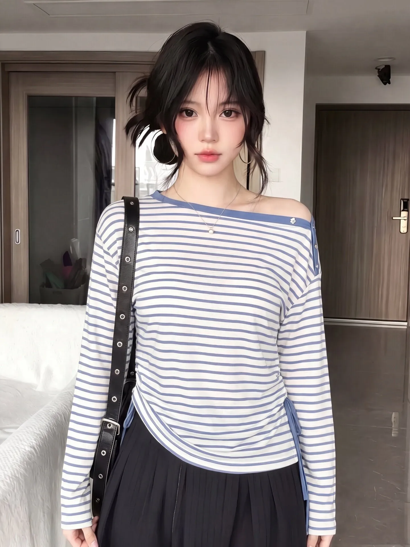 Blue Long Sleeve Women's T-Shirt Slant Collar Slim Fit Beautiful Sun Protection Perfect Top Commute Style Korean Version Univ...