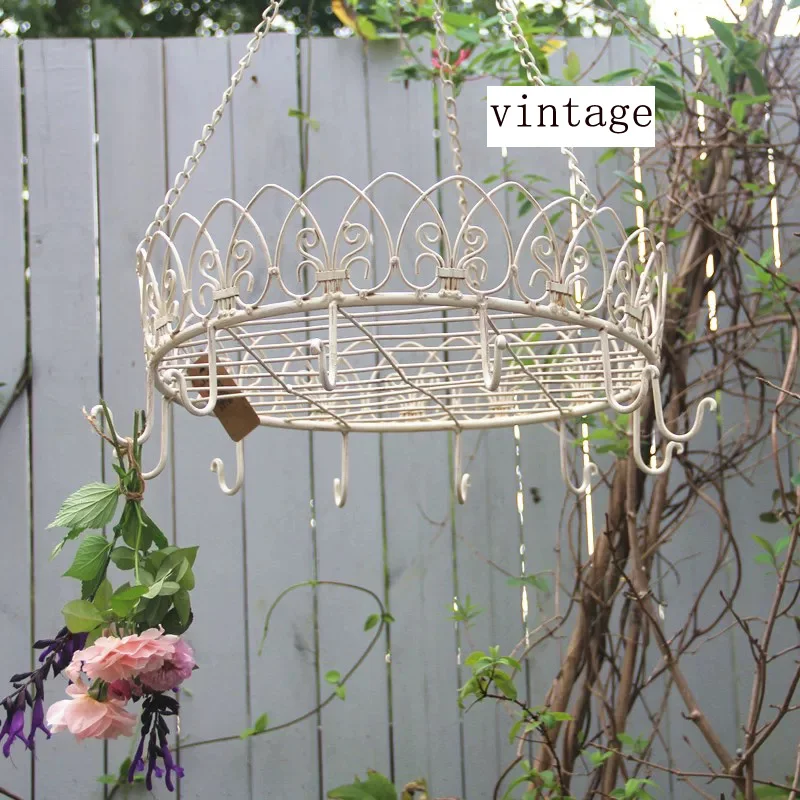 Vintage Iron Hanging Plant Rack, Decorative Crown Design with Hooks, Antique White Chain Mount, Indoor Outdoor Garden Storage
