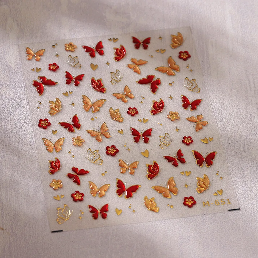 Gold Stamped Red Green Yellow Butterfly Flowers 3D Jelly Self Adhesive Nail Art Stickers Glitter Manicure Decals Wholesale