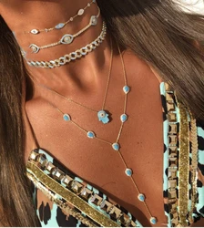 Gold Plated Red Blue Green White Tear Drop Charm Link Chain Long Sexy Women Y Lariat Necklace Fashion Jewelry