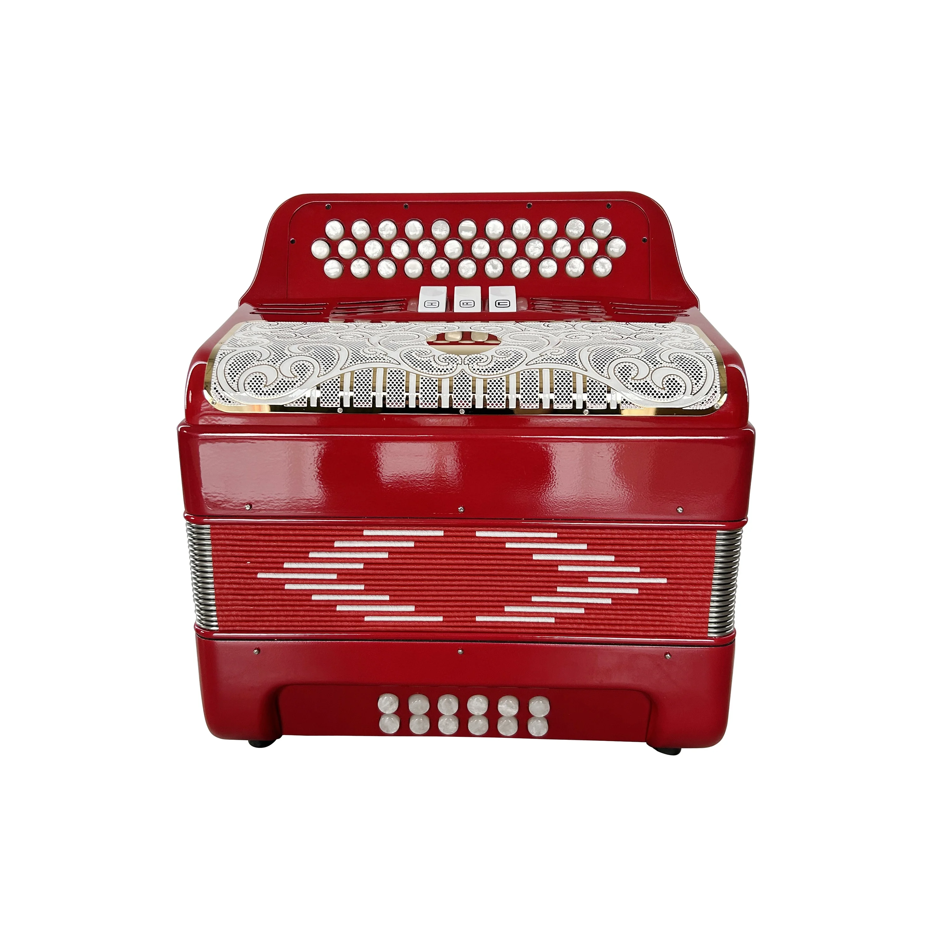 Professional 34-Button 12-Bass 3-Register Light Red Accordion Instrument White Gold Grill Buttons JB3412C Acordeon Musical Wood