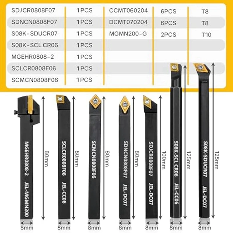 Lathe Turning Tool 5/16Inch 8Mm-Shank 7Pcs Lathe Tool Holder For Turning Grooving With 14Pcs Carbide