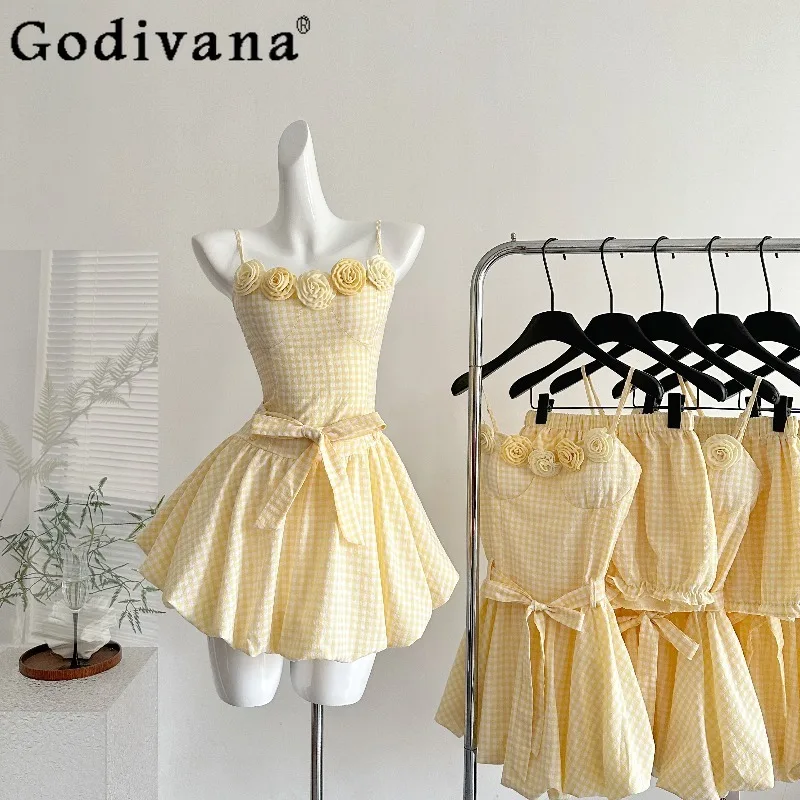 

Summer Women Sweet Y2k Vacation Dress Cute Party 2 Piece Dress and Short Set Female Sleeveless Flower Lolita Dress Suits