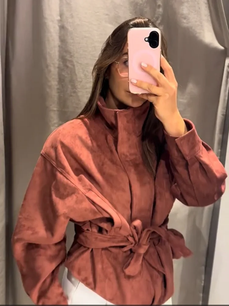 Women's Orangered Suede Stand Collar Belted Jacket Zip Up Long Sleeve Coat 2026 Casual 2026 Autumn Winter Commute Outerwear