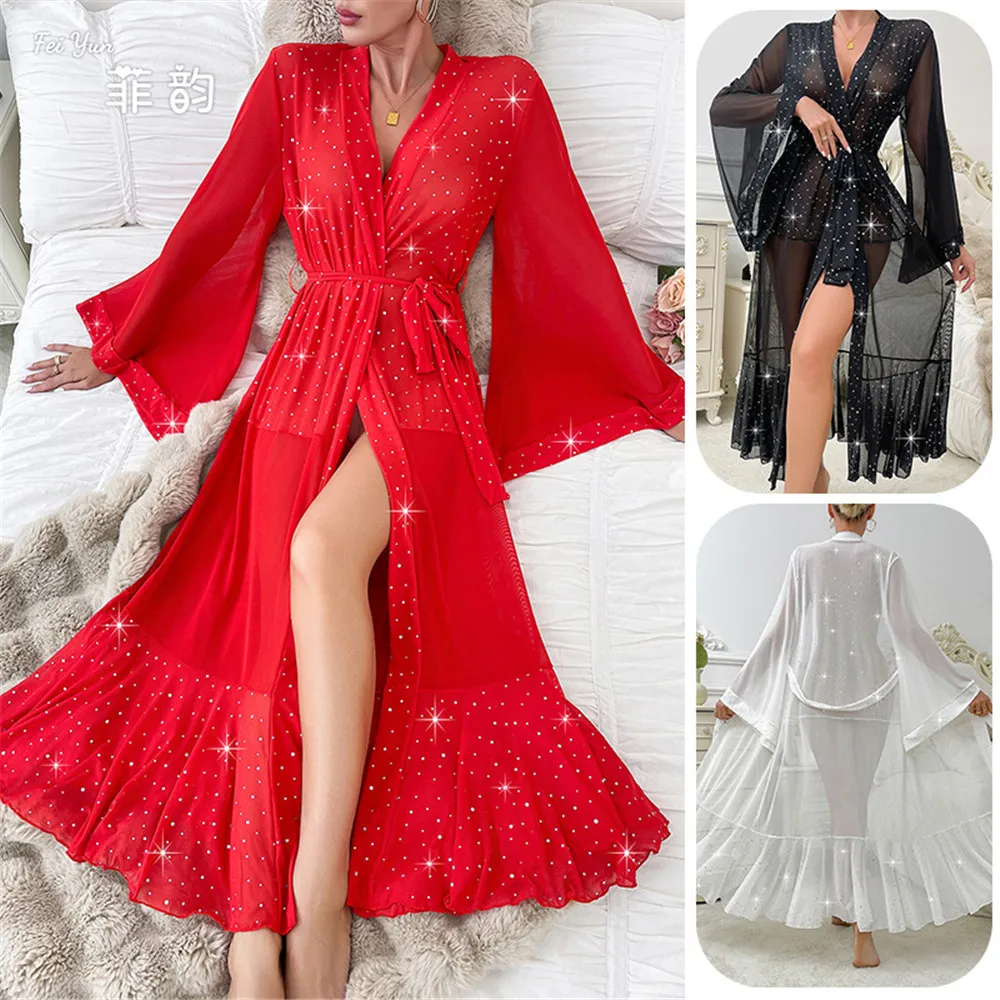 

Women Sequins Chiffon Long Robe Home Dress Sexy Lace Kimono Bathrobe Yukata Summer Female Nightwear