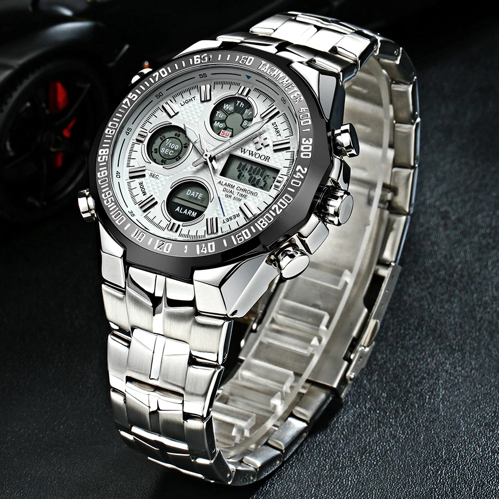 WWOOR Men Sports Watch Digital Quartz Dual Display Wristwatch Waterproof Luminous Clock Luxury Male Big Watch Relogio Masculino