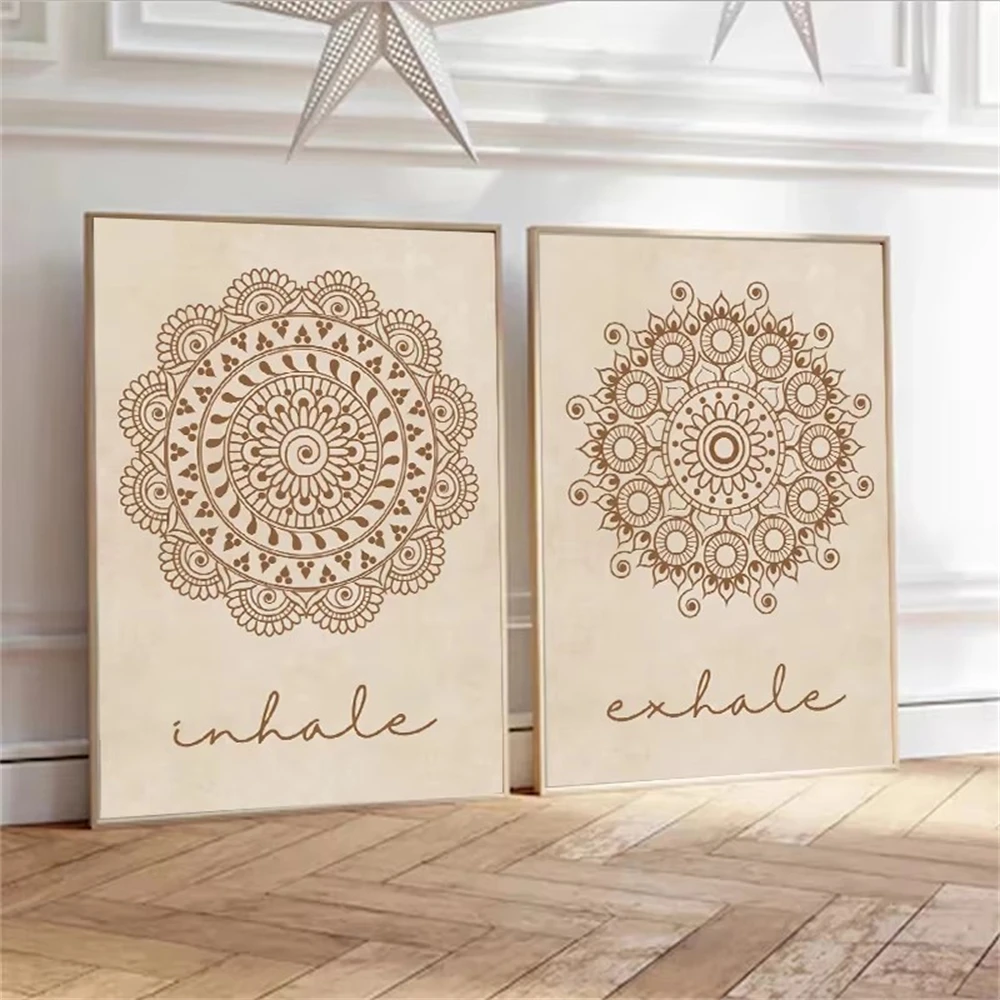 Beige Bohemia Prints Abstract Mandala Wall Art Inhale Exhale Canvas Painting Yoga Poster Line Flower Pictures Living Room Decor