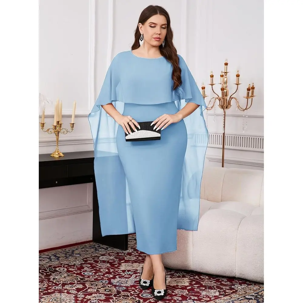Vestido maxi elegante com capa de chiffon para casamentos plus size e eventos de coquetéis