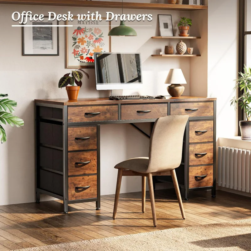 47 Inch Office Desk with Outlets, Computer Desk with 9 Fabric Drawers, Writing Gaming Work Study Desk for Bedroom,