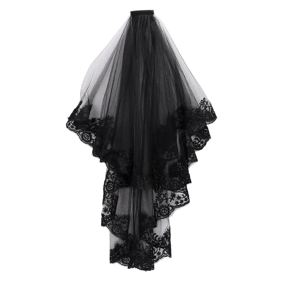 New Fashioned Black Lace Veil Bridal Veil with Comb Women Mantilla Costume Cosplay Party Creative 2 Tier Tulle Sheer Mesh Gothic