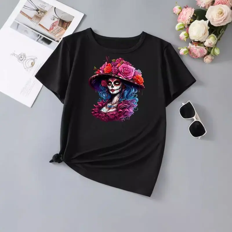 高弾性半袖ハロウィンウィッシュボトルTシャツ韓国スタイルラウンドネック通勤ファッションポリエステルブレンドレディーストップ