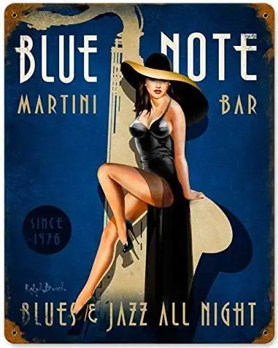 Retro Vintage Metal Plaque Sign Pin Up Girl Blue Note Martini Bules Jazz Bar for Home Bar Kitchen Pub Wall Decor Signs 12x8 sign