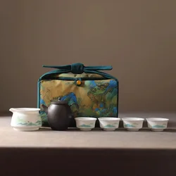 Tea Cup Bags with Drawstring Foldable Cloth Bag Chinese Style Printed, Scenic Travel Bag Teapot Tea Set Storage Organizer