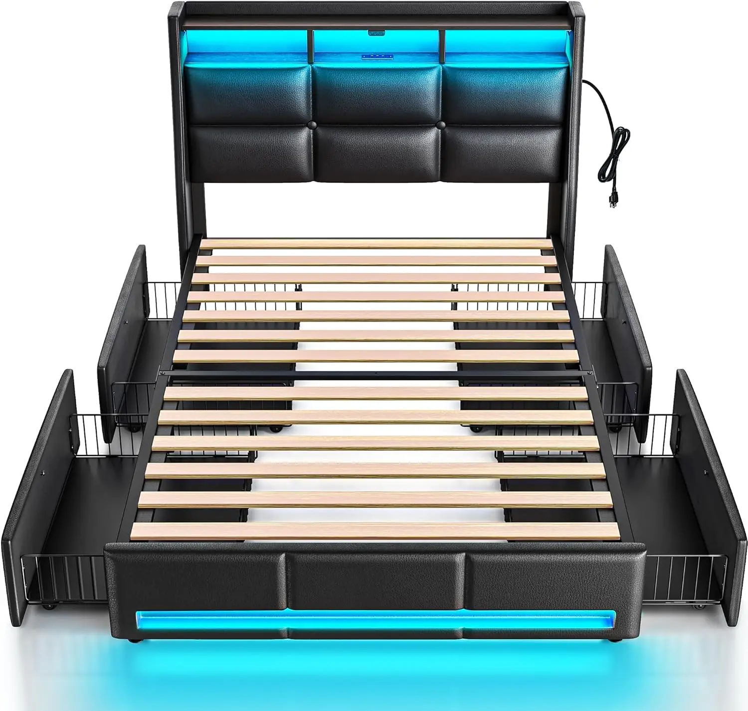 Cadre de lit double avec lumières LED et station de charge, planche de sauna de rangement de lit en cuir PU et brochettes de proximité, bois résistant