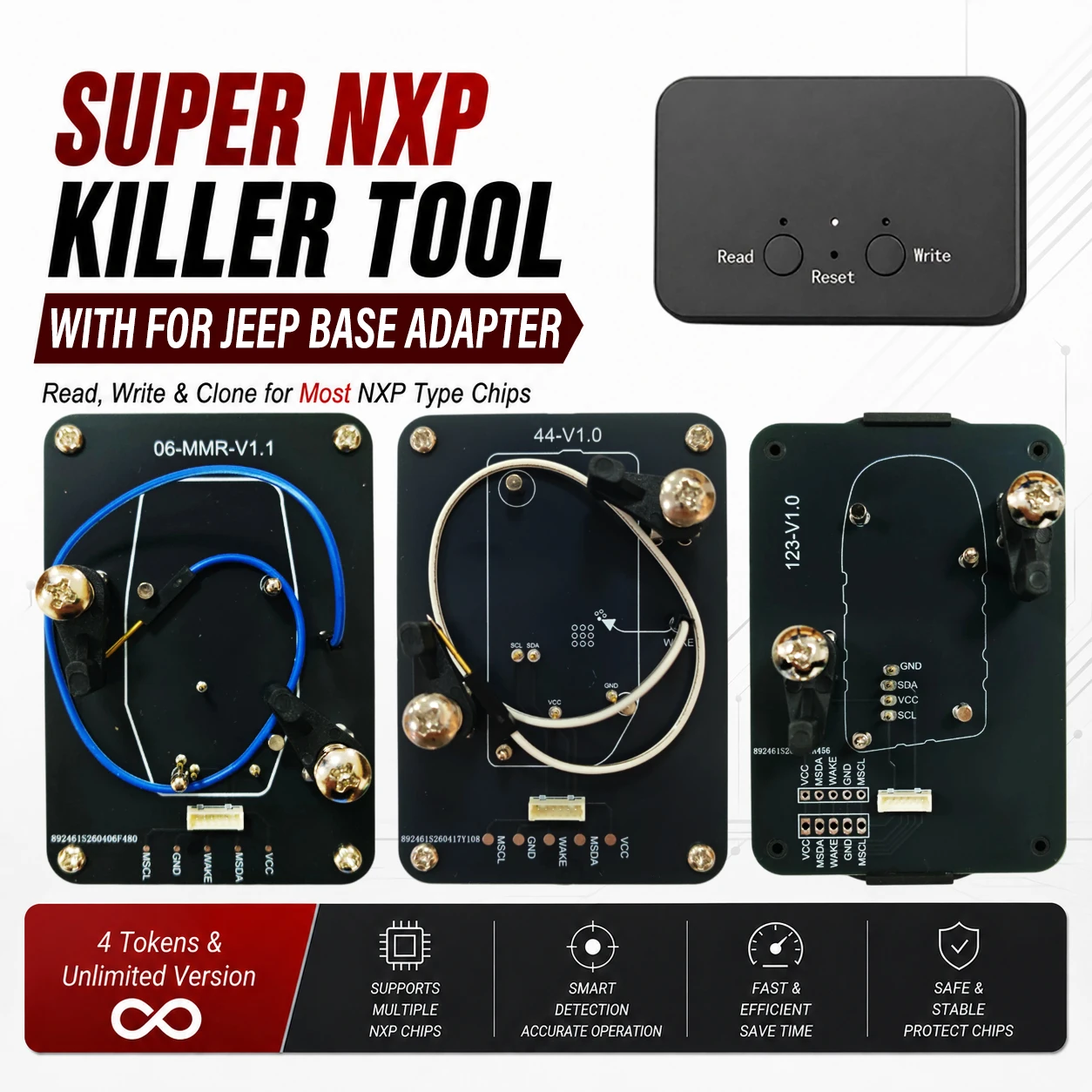 For Jeep Key All NXP-Chip Smart Keys Clones 4 Tokens & Unlimited Version Super NXP Killer Read Copy Device With Adapter Base