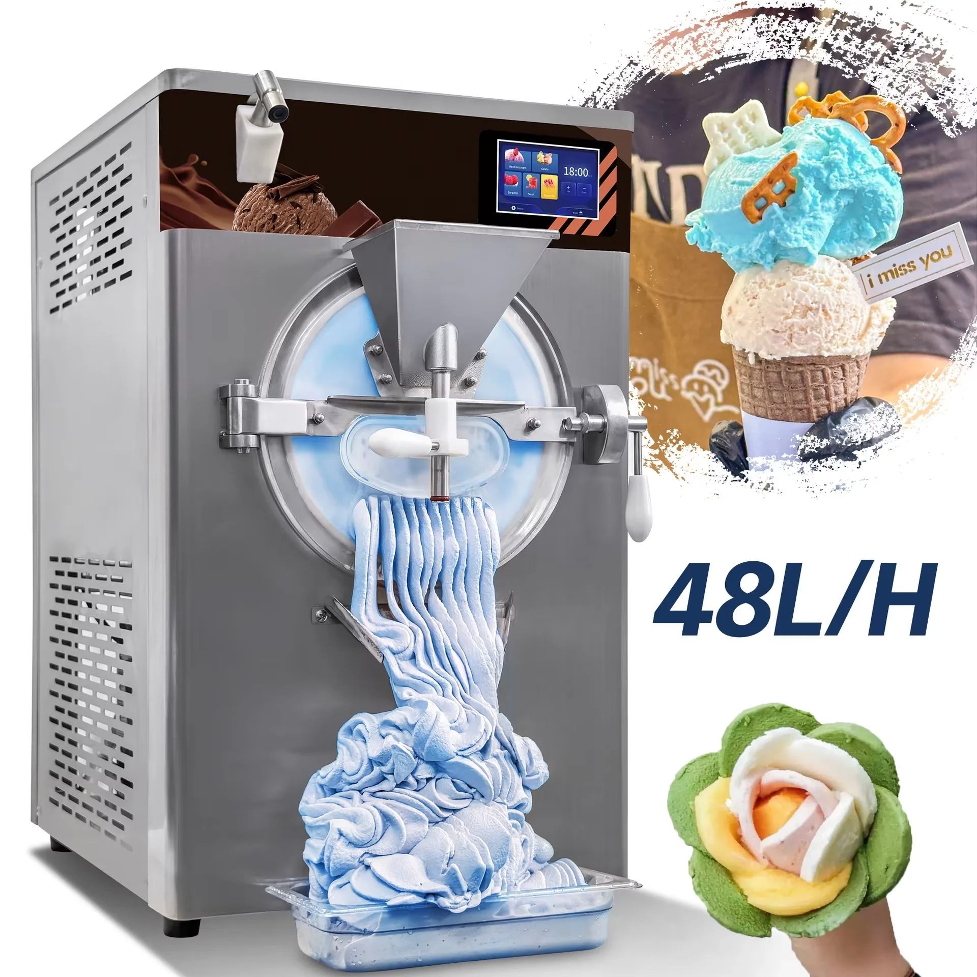 Máquina comercial italiana de helado y yogur, escritorio de acero inoxidable para aperitivos de té con leche y nueces de maíz en nueva condición