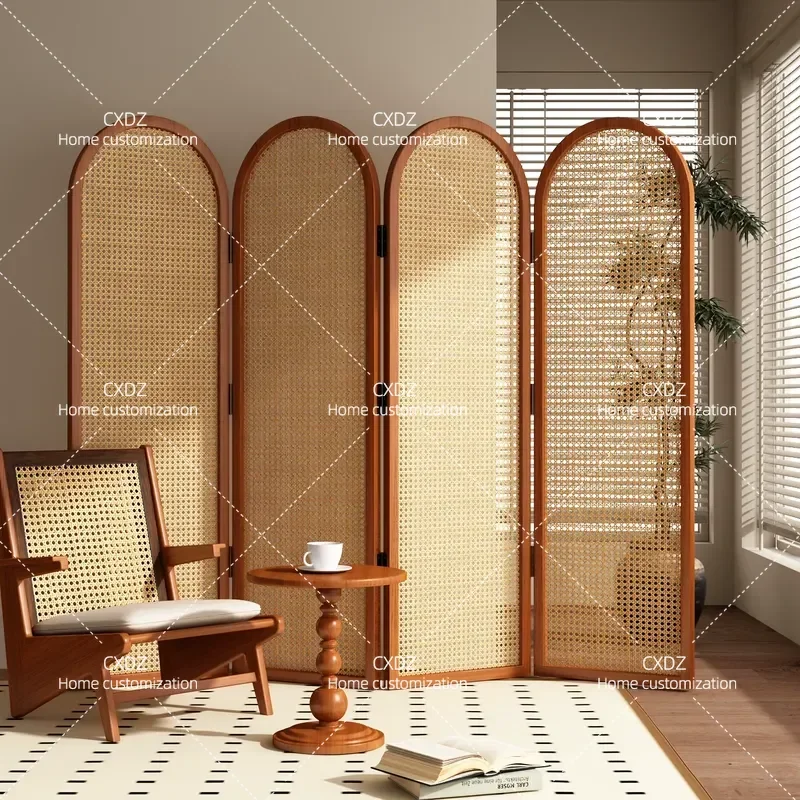 Medieval Solid Wood Rattan Folding Screen Decorative Partition for Hotel Office Simple Mobile Room Divider