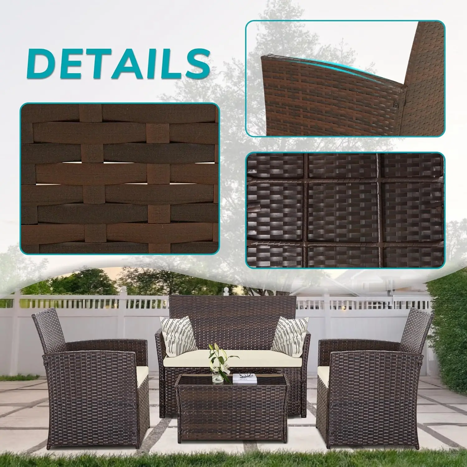 4 Piece Outdoor Patio Furniture Sets, Wicker Conversation Sectional Set, Rattan Chairs with Table and Loveseat