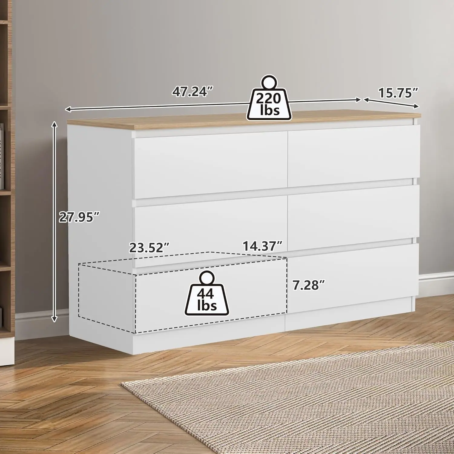 White Dresser for Bedroom, Modern 6 Drawer Double Dresser, Wide Chest of Drawers Free Handles for Closet, Living Room, Hallway