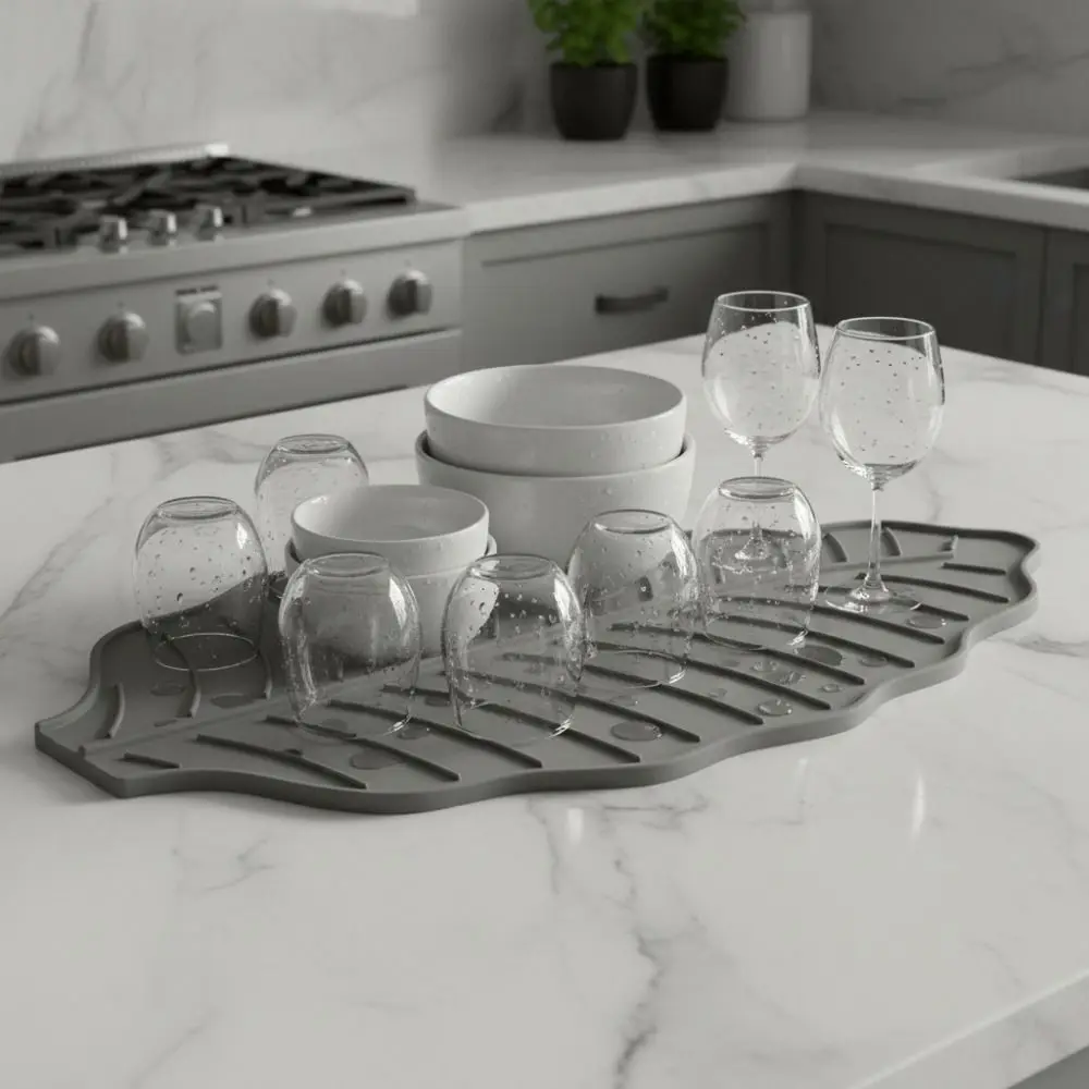 Silicone Leaf Shape Kitchen Dish Draining Mat Non-Slip Slop Design Kitchen Dish Drying Mat Water Guide Groove Thickened