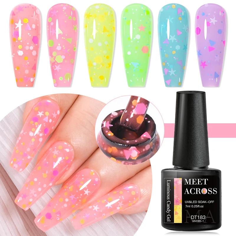 MEET ACROSS 7ml Candy Color Luminous Glow-in-dark Gel Nail Polish Glitter Irregular Flakes Summer Semi Permanent UV LED Nail Art