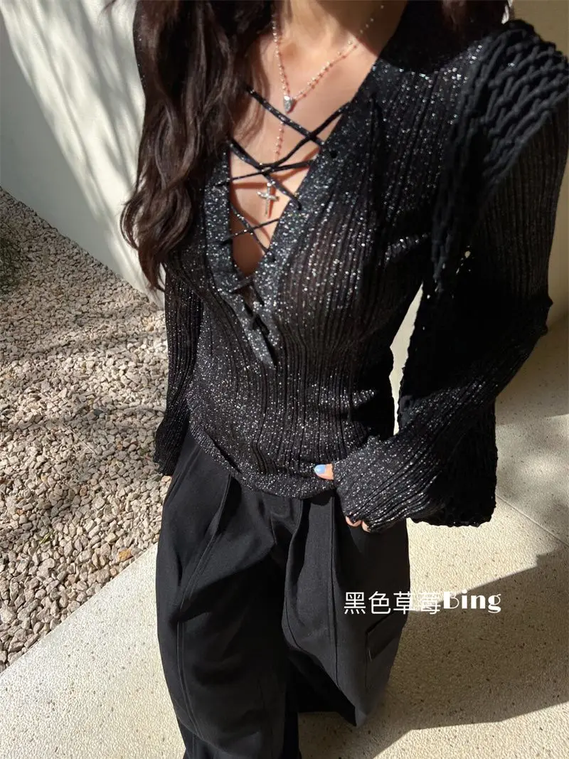 Korean Sexy V-neck Cross Lace Up T-shirts Y2k E-Girl Slim Fit Knitted Bottoming Tops Women 2024 New Long Sleeve Thin Pullover