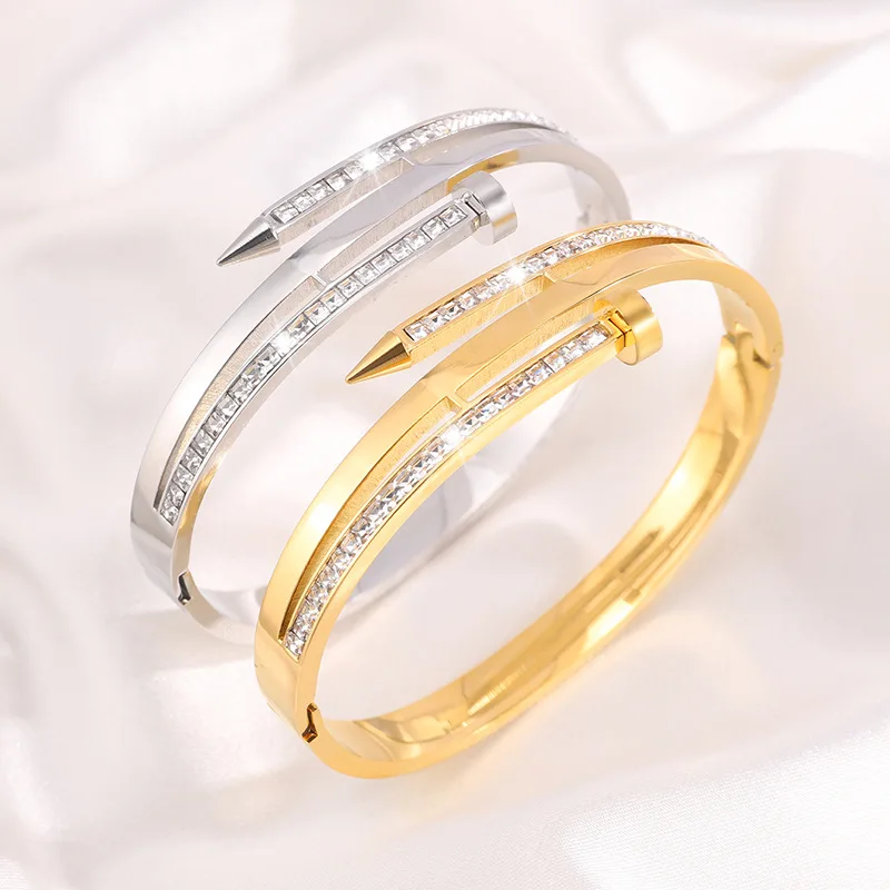 

Gold Silver Stainless Steel Nail Bangle Bracelet for Women, Punk Style Cuff with CZ Crystal, Adjustable Fashion Jewelry Gifts