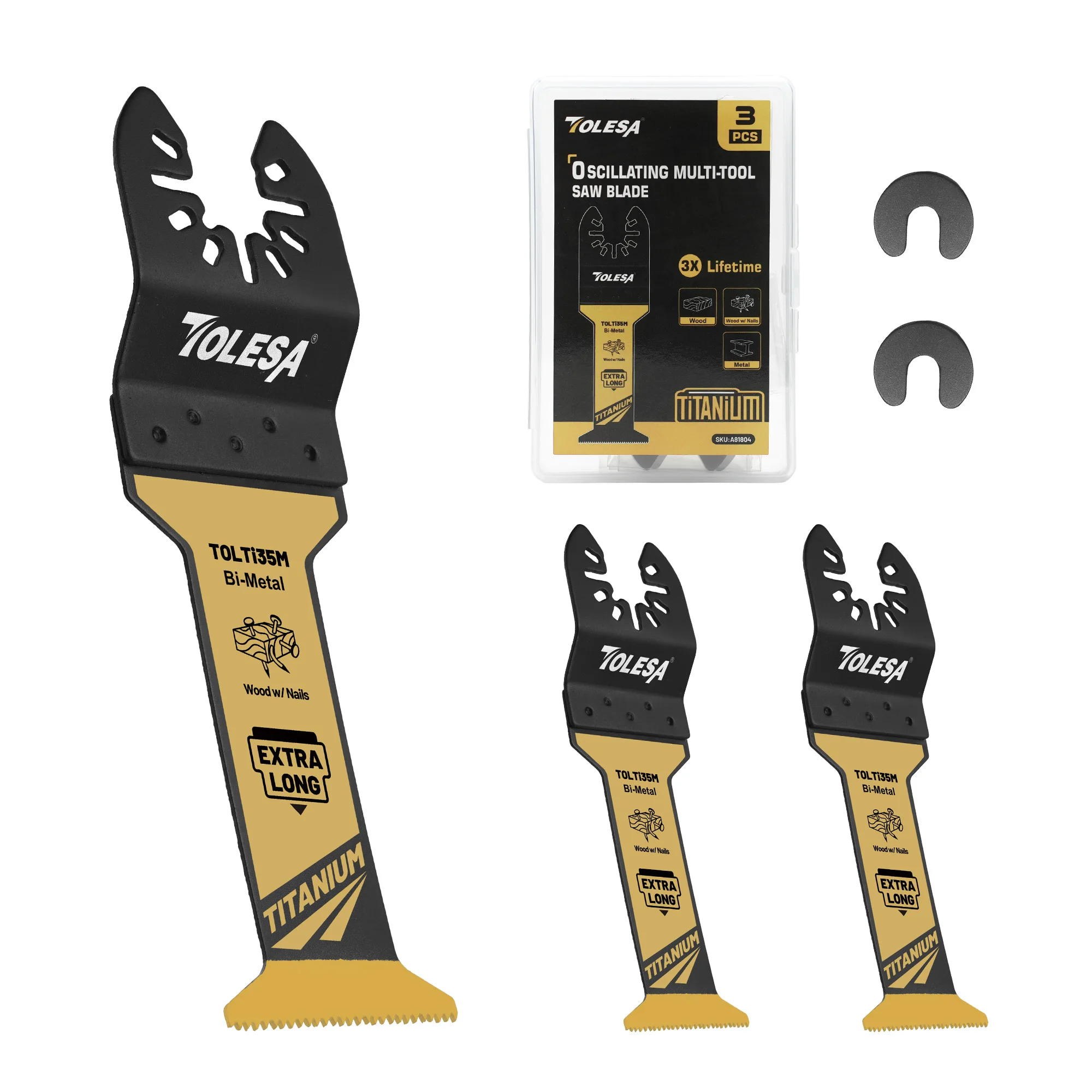 TOLESA 3PC Titanium Oscillating Saw Blade, Extra-Long Oscillating Multitool Blades for Metal, Wood Nail, Screw Cutting, Plastic