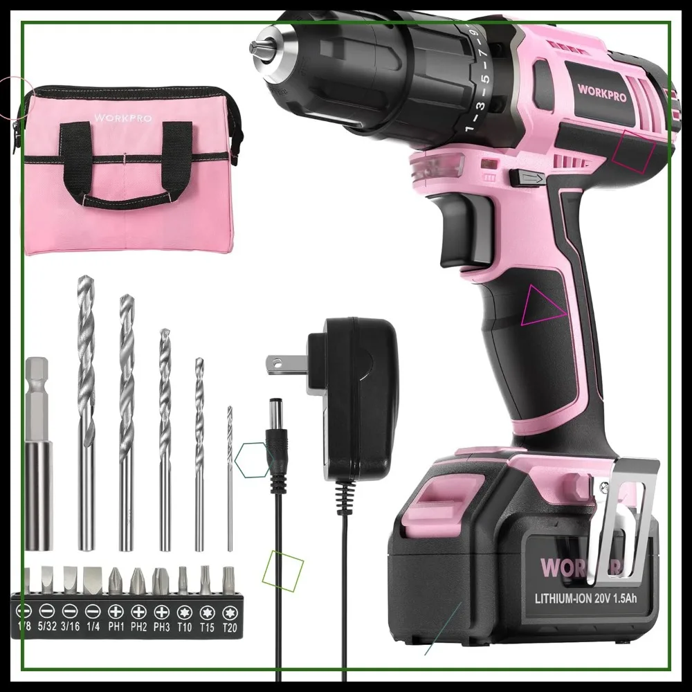 مجموعة مفكات مثقاب لاسلكية 20 فولت باللون الوردي مع بطارية وشاحن وحقيبة - مثالية لمشاريع DIY #1